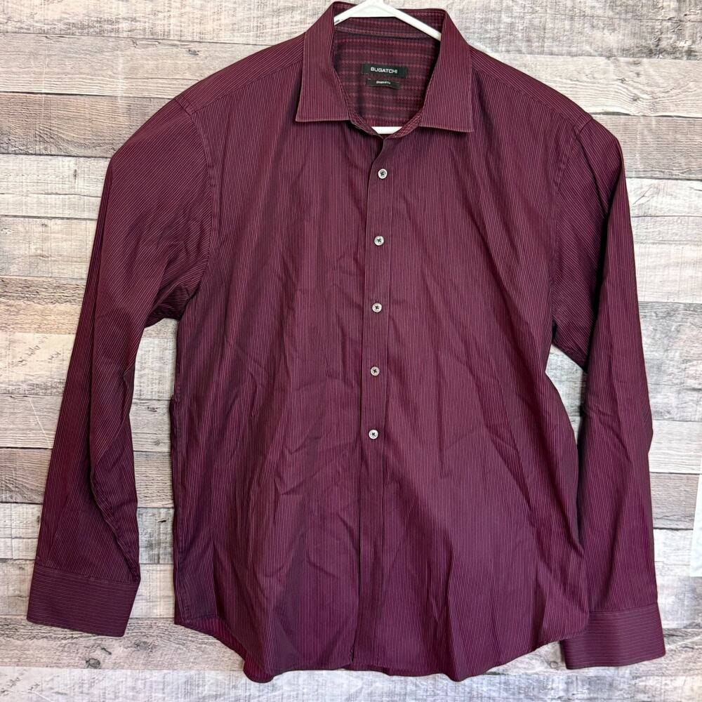 Bugatchi Flip Cuff Shirt Mens XL Purple Striped Button Up Business Classic
